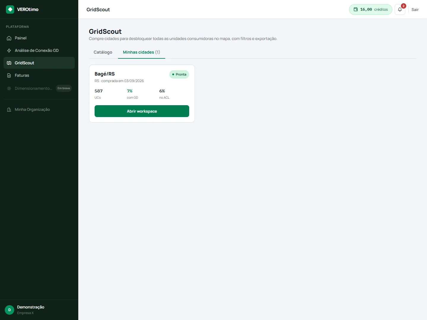 Aba Minhas cidades do GridScout: card da cidade comprada com resumo de UCs, percentual com GD e percentual no ACL, e botão para abrir o workspace
