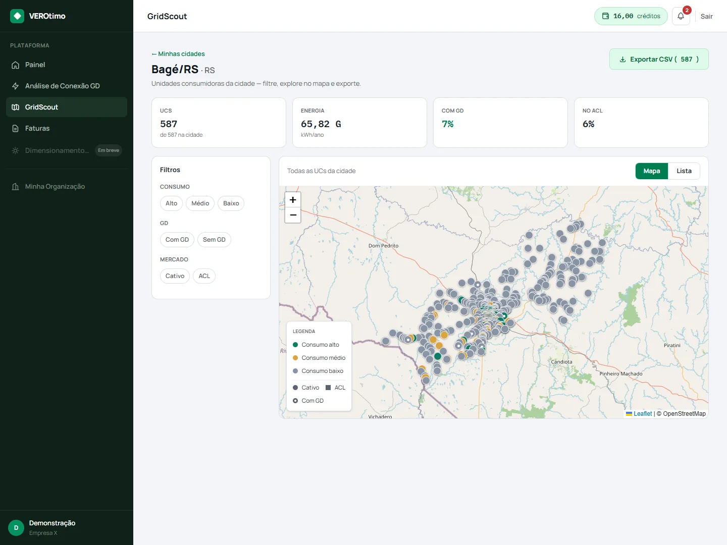 Cidade comprada no GridScout: mapa com todas as unidades consumidoras da cidade, filtros por consumo, GD e mercado (cativo/ACL), indicadores de UCs e energia e botão de exportar em CSV
